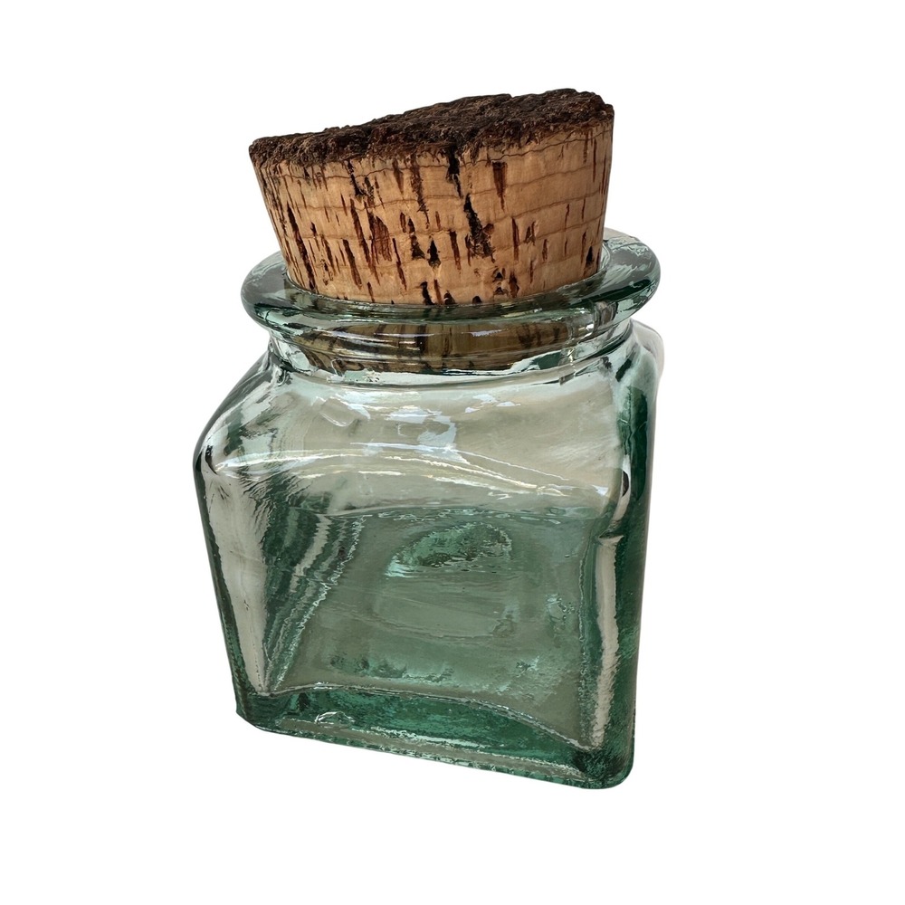 Handblown Green Glass Apothecary Jar with Large Natural Cork Stopper Vintage